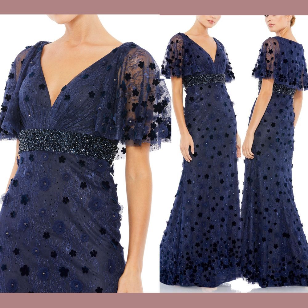 NWT$698 Mac Duggal [ 4 ] Floral Appliqué Cape‎ Sleeve Lace Gown Midnight S1059
